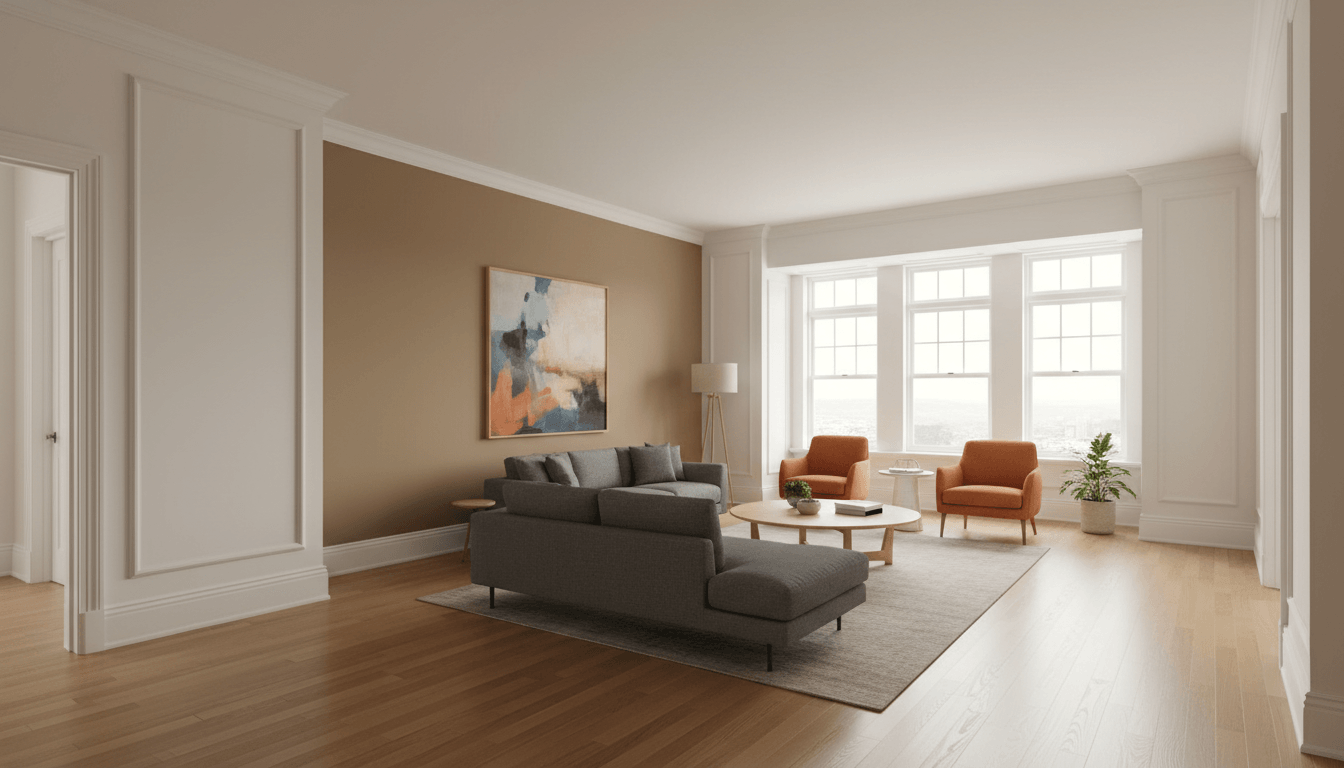 Freshly painted residential living room with accent wall and professional trim finish in warm, modern aesthetic Freshly painted residential living room with accent wall and professional trim finish in warm, modern aesthetic