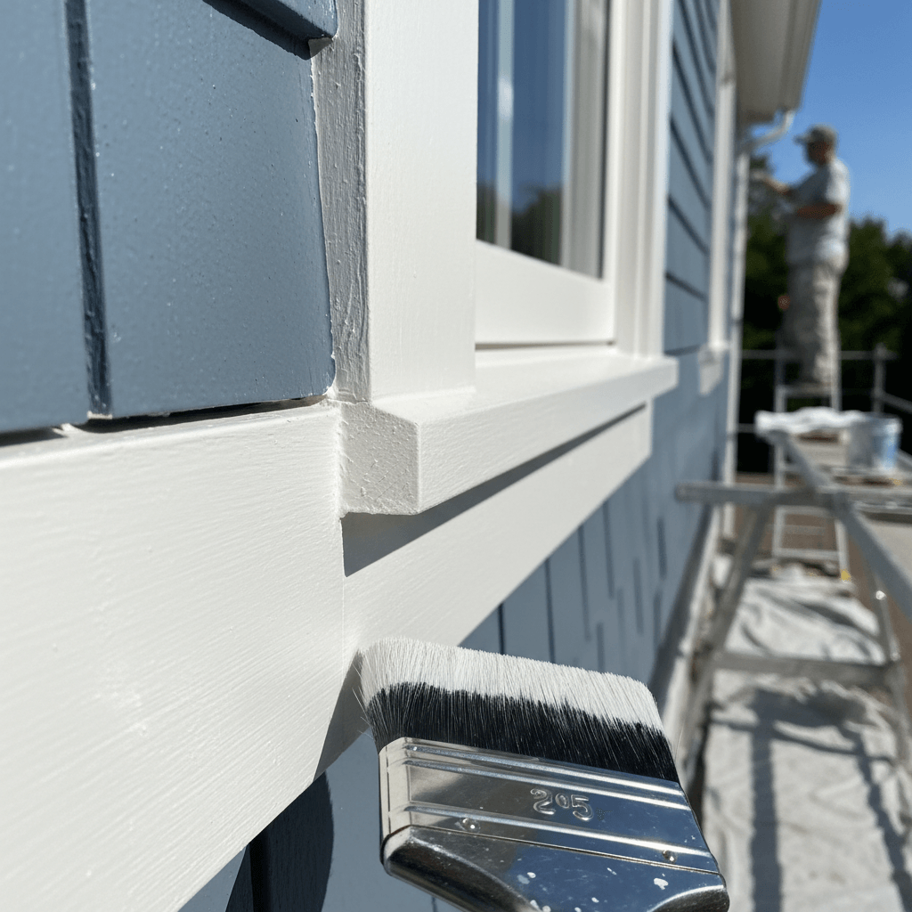 Close-up of professional exterior paint application on wooden trim with precise brush technique Close-up of professional exterior paint application on wooden trim with precise brush technique